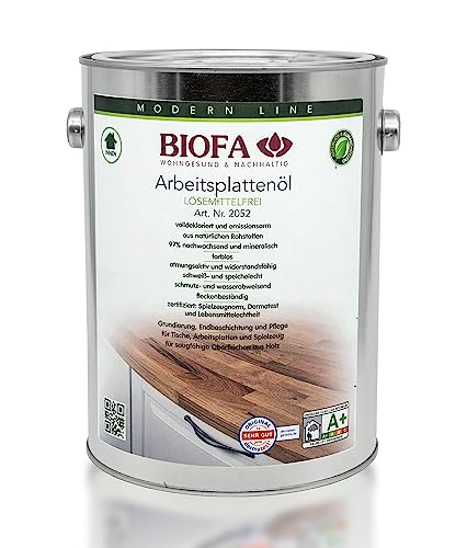 BIOFA Arbeitsplattenöl 2,5 Liter lösemittel- und kobaltfrei, Grundierung, Endbeschichtung u. Pflege für Tische, Arbeitsplatten, Spielzeug, Schneidebretter, Möbel von BIOFA