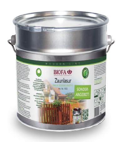 BIOFA Zaunlasur, Wetterschutzfarbe, Grundierung, Endbeschichtung für Gartenzäune, Pergolen, Gartenhäuser, möbel usw., Farbe Teak-braun, 5 Liter von BIOFA