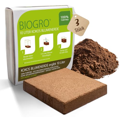 BioGro® Kokoserde gepresst im Quellbeutel - Biologisch abbaubare, torffreie Blumenerde aus Kokosfasern ideal als Anzuchterde (10 Liter, 3 Stück) von BIOGRO