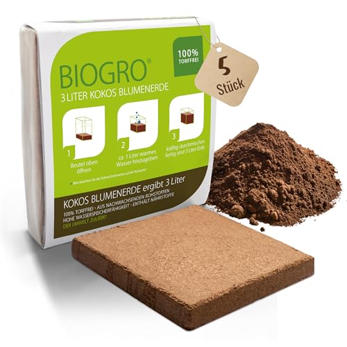 BioGro® Kokoserde gepresst im Quellbeutel - Biologisch abbaubare, torffreie Blumenerde aus Kokosfasern ideal als Anzuchterde (3 Liter, 5 Stück) von BIOGRO