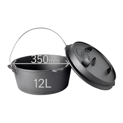 BIOL Dutch Oven 12 Liter aus Gusseisen – Eingebrannter Feuertopf mit Deckelheber und Doppelfunktions-Deckel, Für Outdoor & Indoor, Schwarz (12 Liter) von BIOL