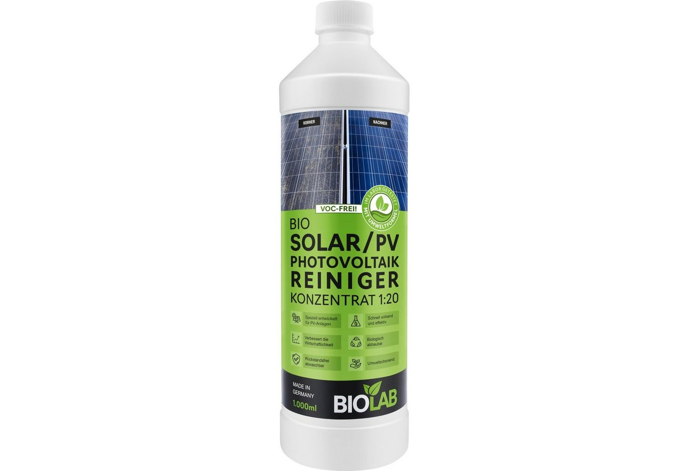 BIOLAB Bio Solar und PV Photovoltaik Reiniger Konzentrat 1:20 Reinigungskonzentrat (1-St. 1000 ml Solaranlagen Reinigungsmittel Solarreiniger) von BIOLAB