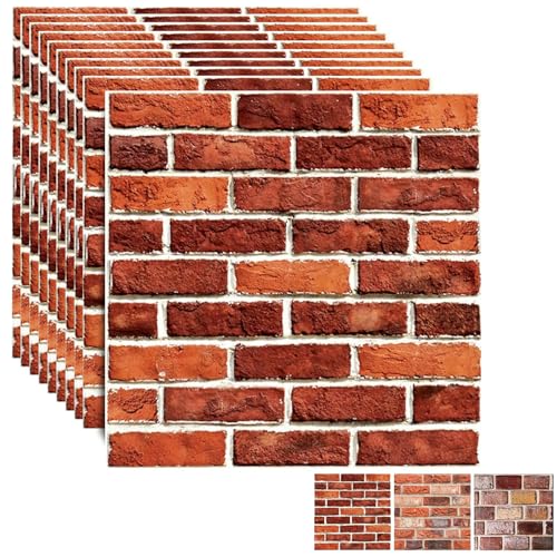 BIONSUIKIM 3D Wandpaneele Selbstklebend, 10 Stück Wandverkleidung Selbstklebend PVC Wandaufkleber Wasserdicht Wandtapete, 30x 30cm Wandpaneele für Wohnzimmer,Schlafzimmer,Küche (Roter Stein) von BIONSUIKIM