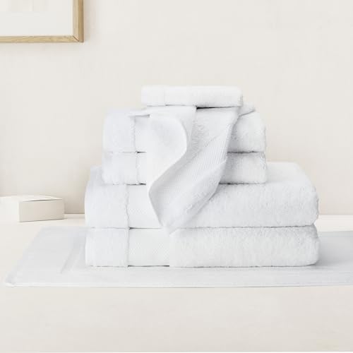BIOWEAVES Badetuch-Set aus 100 % Bio-Baumwolle, 700 GSM Plüsch, 7-teiliges Premium-Handtuch-Set, GOTS-zertifiziert, 2 Badetücher, 2 Handtücher & 2 Waschlappen, 1 Badematte - Weiß BIOWEAVES Badetuch-Set aus 100 % Bio-Baumwolle, 700 GSM Plüsch, 7-teiliges Premium-Handtuch-Set, GOTS-zertifiziert, 2 Badetücher, 2 Handtücher & 2 Waschlappen, 1 Badematte - Weiß von BIOWEAVES