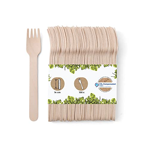 BIOZOYG 100 Kuchengabeln Holz - Einmalbesteck Partybesteck Holzbesteck Besteck Einweggeschirr biologisch abbaubar, kompostierbar Holzgabeln - Stabiles Einwegbesteck Gabeln 14 cm von BIOZOYG
