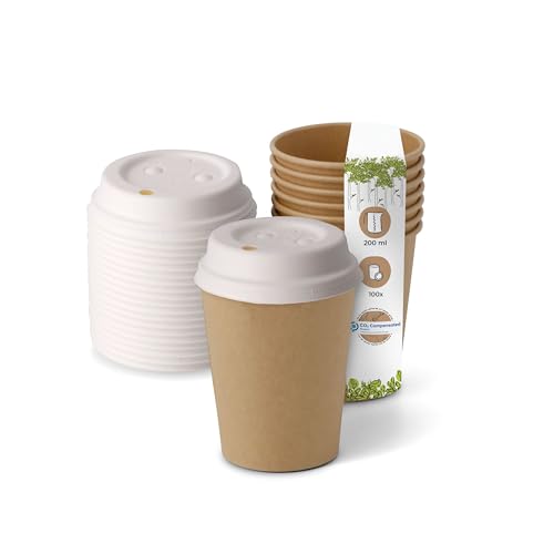 BIOZOYG 100 Stück Kompostierbare Bio Einweg Becher inkl. Pappdeckel I Einmalbecher Getränkebecher Wegwerfbecher Papierbecher I Coffee to go Pappbecher braun ungebleicht 200 ml 8 oz von BIOZOYG