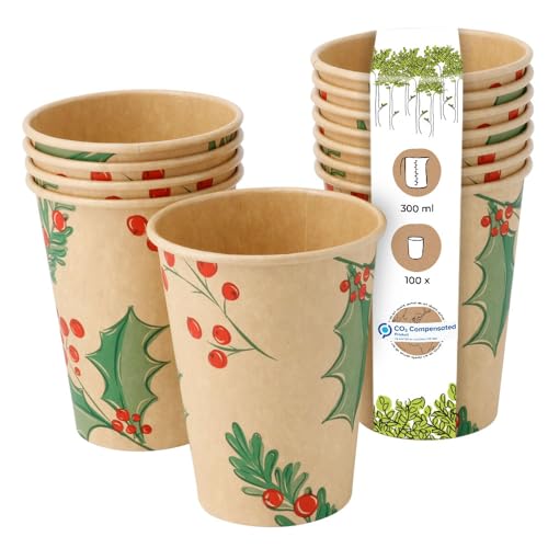 BIOZOYG 100 Stück braune Kaffeebecher Pappbecher Wintermotiv 'Zweige' 300ml / 12 oz - umweltfreundlich recycelbar & ungebleicht - Kaffeebecher to go von BIOZOYG