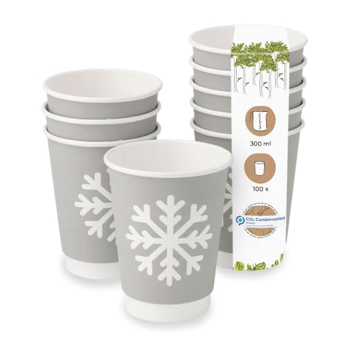 BIOZOYG 100 Stück graue, doppelwandige Pappbecher Wintermotiv 'Schneeflocke' 300 ml / 12 oz | umweltfreundlich, recycelbar & schön bedruckt | Kaffeebecher to go von BIOZOYG