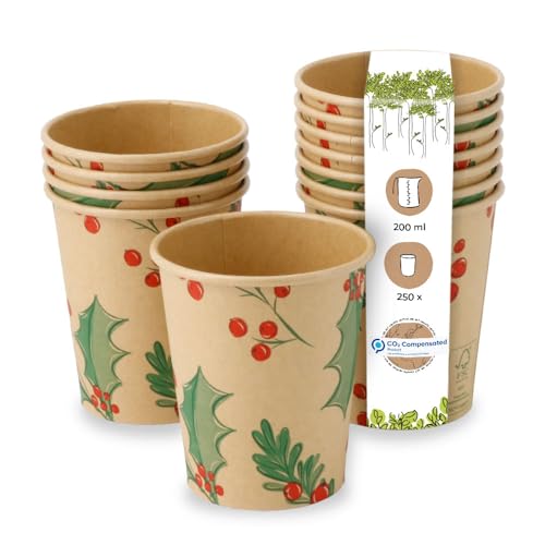 BIOZOYG 250 Stück braune Kaffeebecher Pappbecher Wintermotiv 'Zweige' 200ml / 8 oz - umweltfreundlich recycelbar & ungebleicht - Kaffeebecher to go von BIOZOYG