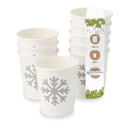 BIOZOYG 250 Stück weiße, doppelwandige Pappbecher Wintermotiv 'Schneeflocke' 200 ml / 8 oz | umweltfreundlich, recycelbar & schön bedruckt | Kaffeebecher to go von BIOZOYG