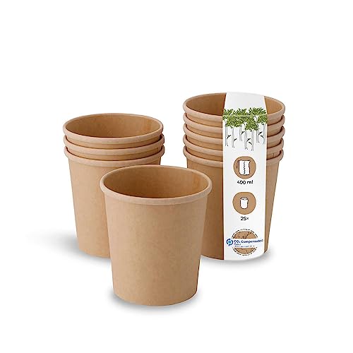 BIOZOYG Bio Pappbecher Speisebecher Kraft-Karton Becher braun I Kompostierbare Becher Suppen-Becher To Go Eisbecher Pappe I 25 Bio Einweg-Becher biologisch abbaubar 400 ml von BIOZOYG