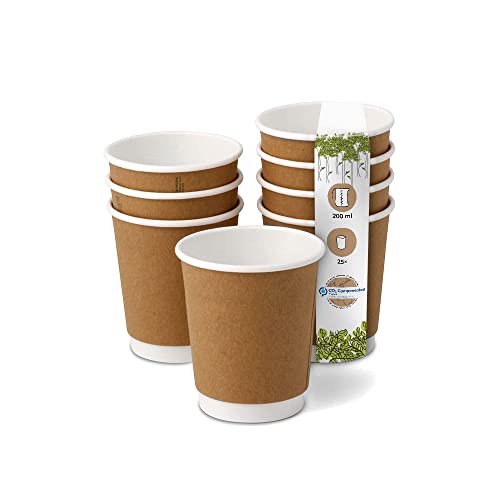 BIOZOYG Karton Doppelwand Kaffee Trinkbecher Einweg Bio I 25 Stück To Go Pappbecher innen weiß, Außenwand braun unbedruckt 200 ml / 8 oz I 100% biologisch abbaubar, zertifiziert kompostierbar von BIOZOYG