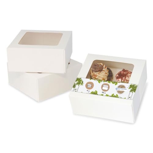 BIOZOYG 4er Cupcake Muffin Box Karton mit großem Sichtfenster inkl. Einlage I 25 Stück Patisserieschachteln Geschenkboxen weiß I Bio Box Take Away Kartonschachtel biologisch abbaubar von BIOZOYG