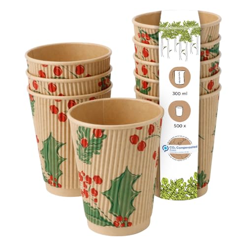 BIOZOYG 500 Stück braune Riffelbecher/Kaffeebecher Pappbecher Wintermotiv 'Zweige' 300ml / 12 oz - umweltfreundlich recycelbar & ungebleicht - Kaffeebecher to go von BIOZOYG