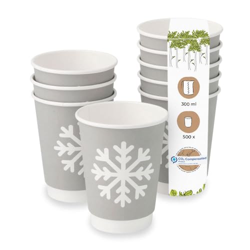 BIOZOYG 500 Stück graue, doppelwandige Pappbecher Wintermotiv 'Schneeflocke' 300 ml / 12 oz | umweltfreundlich, recycelbar & schön bedruckt | Kaffeebecher to go von BIOZOYG