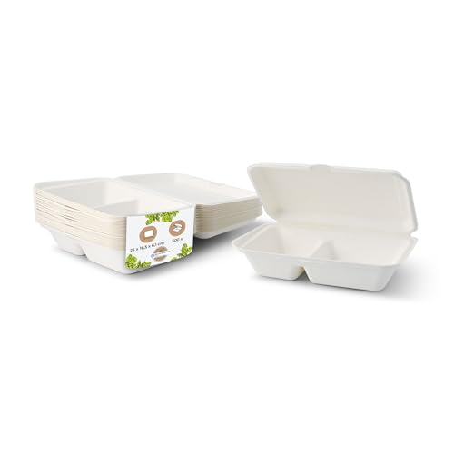 BIOZOYG Bio Einweg Bagasse Schalen Zuckerrohr Einweggeschirr biologisch abbaubar I Lunch-Box geteilt 2 Kammern Klappdeckel-Box Schale Kompostierbar 650 ml I 500 Menüschalen 25 x 16,5 cm weiß von BIOZOYG