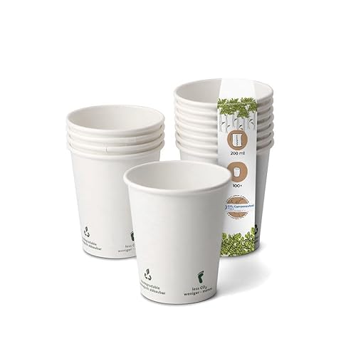 BIOZOYG 100 Stück Kaffeebecher Pappbecher 200ml / 8 oz Ø 80 mm weiß mit Umwelticons - Einwegbecher plastikfrei - Becher aus nachhaltiger Forstwirtschaft - Kaffeebecher Einweg von BIOZOYG