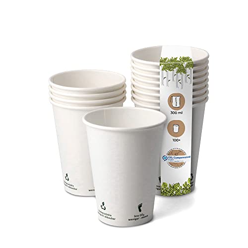 BIOZOYG 100x Pappbecher 300 ml / 12 oz, Ø 90 mm weiß mit Umwelticons - Einwegbecher plastikfrei und aus nachhaltigen Materialien - Kaffeebecher Einweg von BIOZOYG