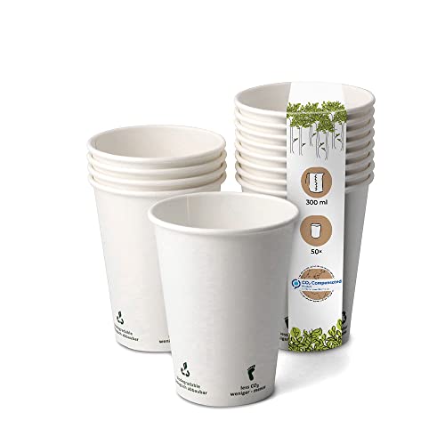 BIOZOYG 50 Stück Kaffeebecher Pappbecher 300ml / 12 oz Ø 90 mm weiß mit Umwelticons - Einwegbecher plastikfrei - Becher aus nachhaltiger Forstwirtschaft - Kaffeebecher Einweg von BIOZOYG