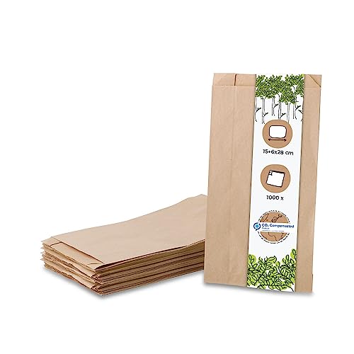 BIOZOYG Bio Papierbeutel Brötchentüten Faltenbeutel Papier-Tüten kompostierbar I Biologisch abbaubare Tüten für Brötchen Semmel Backwaren I 1000 Bäcker-Beutel Flachbeutel braun 15x6x28 cm von BIOZOYG