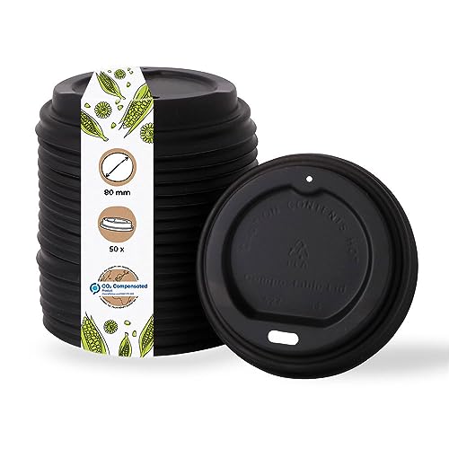 BIOZOYG Coffee To Go Deckel für Trinkbecher Ø 80mm I 50 Deckel für Pappbecher aus CPLA Biokunststoff 100% biologisch abbaubar, kompostierbar, recycelbar I Trinkloch Becherdeckel flach schwarz von BIOZOYG