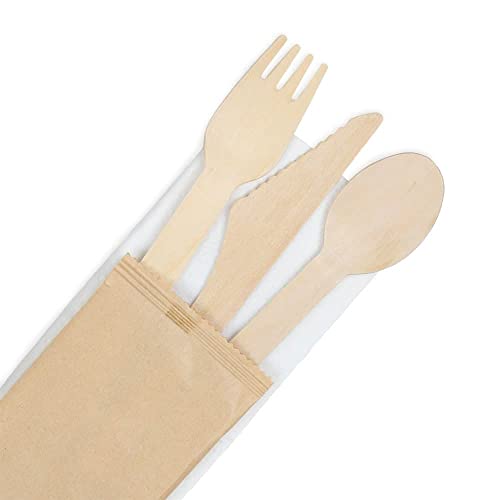 BIOZOYG Holz Besteck Set Messer Gabel Löffel 16cm mit Serviette I Imbiss Besteck biologisch abbaubar I Party Holzbesteck hygienisch verpackt I Holz Essbesteck Set Outdoor Grosspackung 200 Stück von BIOZOYG