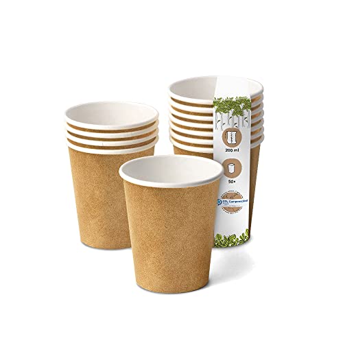 BIOZOYG 50x Pappbecher 200 ml / 8 oz, Ø 80 mm weiß mit braunem Druck - Einwegbecher plastikfrei und aus nachhaltigen Materialien - Kaffeebecher Einweg von BIOZOYG