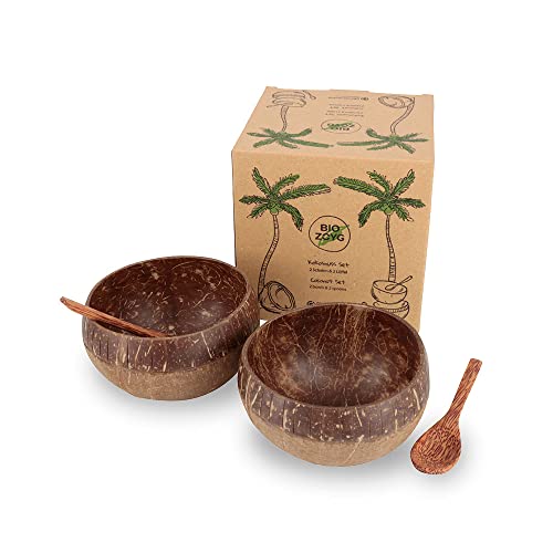 BIOZOYG Kokosnuss-Schalen 2er-Set mit Löffeln I Jumbo Bowl I 700-800ml I 100% Handarbeit I wiederverwendbar I biologisch abbaubar I Schale aus Kokosnussschale mit Gravur im Boho-Style von BIOZOYG