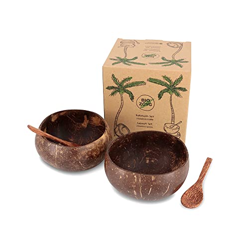 BIOZOYG Kokosnuss-Schalen 2er-Set mit Löffeln I Jumbo Bowl I 700-800ml I 100% Handarbeit I wiederverwendbar I biologisch abbaubar I Schale aus Kokosnussschale mit Kokosnussöl poliert von BIOZOYG