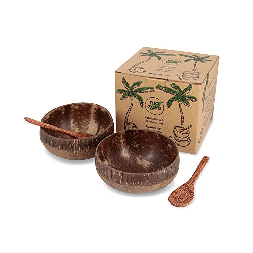 BIOZOYG Kokosnuss-Schalen 2er-Set mit Löffeln I Regular Bowl I 450-550ml I 100% Handarbeit I wiederverwendbar I biologisch abbaubar I Schale aus Kokosnussschale mit Gravur im Boho-Style von BIOZOYG