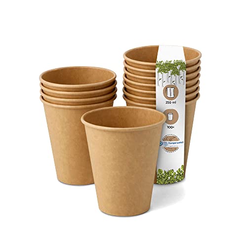 BIOZOYG 100x Pappbecher 250 ml / 10 oz, Ø 90 mm braun - Einwegbecher plastikfrei und aus nachhaltigen Materialien - Kaffeebecher Einweg von BIOZOYG