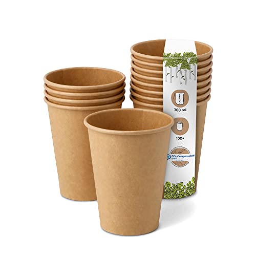 BIOZOYG 100x Pappbecher 300 ml / 12 oz, Ø 90 mm braun - Einwegbecher plastikfrei und aus nachhaltigen Materialien - Kaffeebecher Einweg von BIOZOYG