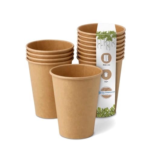 BIOZOYG 50x Pappbecher 300 ml / 12 oz, Ø 90 mm braun - Einwegbecher plastikfrei und aus nachhaltigen Materialien - Kaffeebecher Einweg von BIOZOYG