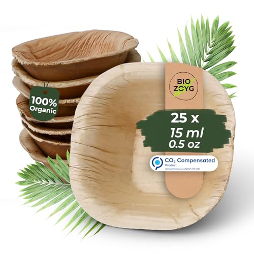 BIOZOYG Dipschalen 25 Stück 15 ml quadratisch - Palmblatt mini Schälchen Fingerfood Schalen Einweg - Alternative zu Holz, kleine Schälchen für Dips und Dressings von BIOZOYG