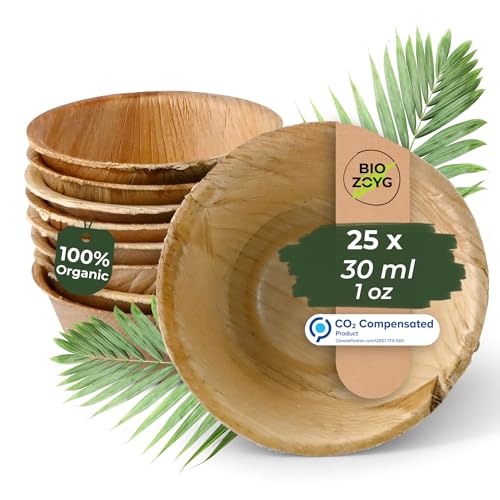 BIOZOYG Dipschalen 25 Stück 30 ml rund - Palmblatt mini Schälchen Fingerfood Schalen Einweg - Alternative zu Holz, kleine Schälchen für Dips, Saucen und Dressings von BIOZOYG