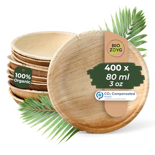 BIOZOYG Snackschalen 400 Stück 80 ml, Ø 10 cm rund - Palmblatt Fingerfood Schalen, Einweg Schälchen - Snack Schalen Einweg, Antipasti Teller, Dips Buffet & Soßen von BIOZOYG