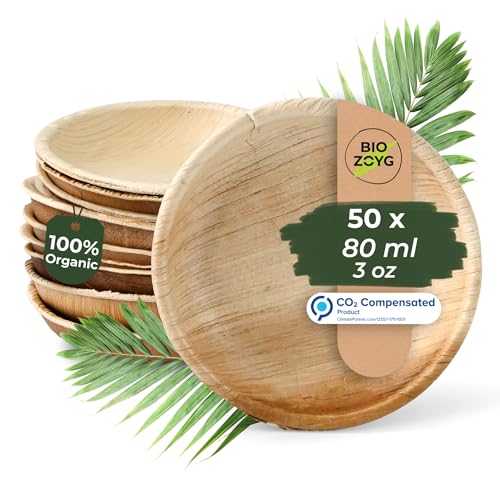 BIOZOYG Palmware Snack Schälchen Set I 50 Stück Bio Einweg Schalen rund 80ml, Ø10cm I Partygeschirr kompostierbar & biologisch abbaubar I Palmblätter Einweg-Geschirr für Fingerfood Dips Buffet von BIOZOYG