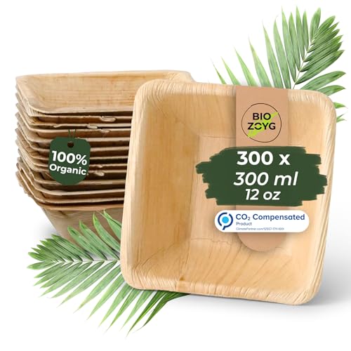 BIOZOYG Palmblatt Geschirr, Schale 300 Stück 300 ml 13 cm quadratisch - Einweg Suppenteller Salatschale kompostierbar Palmblatt Schüssel - Einweg Bowl Partygeschirr von BIOZOYG