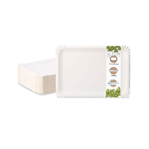 BIOZOYG Pappteller eckig 17 x 23 cm I 1000 Snackteller weiß für Kuchen Torten Pizza Waffeln etc. I unbeschichtet - recycelbar - umweltfreundlich I Kuchenteller rechteckig 1000 Stück von BIOZOYG