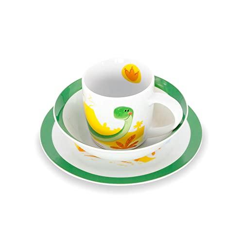BIOZOYG Porzellan Kinder-Geschirrset I Frühstücksset 3-teilig spülmaschinenfest I weißes Tasse-Teller-Schüssel-Set mit Motiv I Geschenkideen für Kinder I lustiges Kindergeschirr mit Dino-Bild von BIOZOYG