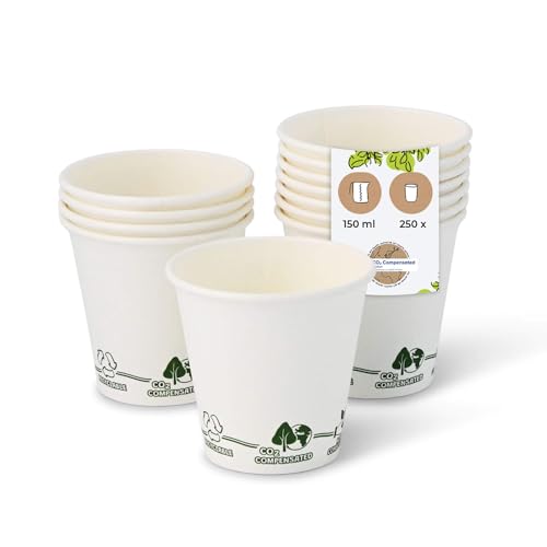 BIOZOYG 250x Pappbecher 150 ml / 6 oz, Ø 80 mm weiß mit Umweltmotiv - Einwegbecher plastikfrei und aus nachhaltigen Materialien - Kaffeebecher Einweg von BIOZOYG