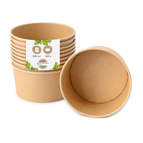 BIOZOYG Salatschale 300 Stück 800 ml braun - Bowl Schüssel Suppenschalen Einwegschalen to go - Einweggeschirr Deli Container Bowl to go - Kartonschale Einweg Mealprep Suppenbehälter von BIOZOYG