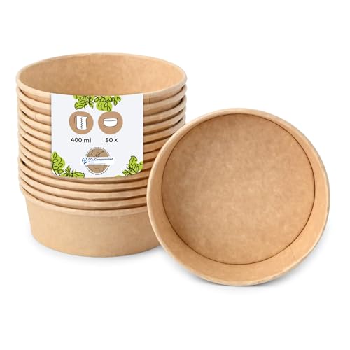BIOZOYG Salatschale 50 Stück 400 ml braun - Bowl Schüssel Suppenschalen Einwegschalen to go - Einweggeschirr Deli Container Bowl to go - Kartonschale Einweg Mealprep Suppenbehälter von BIOZOYG