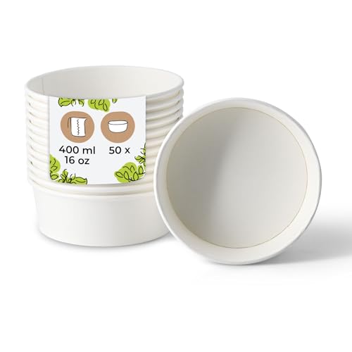 BIOZOYG Salatschale 50 Stück 400 ml weiß - Bowl Schüssel Suppenschalen Einwegschalen to go - Einweggeschirr Deli Container Bowl to go - Kartonschale Einweg Mealprep Suppenbehälter von BIOZOYG