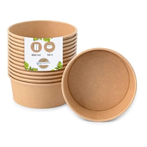 BIOZOYG Salatschale 50 Stück 650 ml braun - Bowl Schüssel Suppenschalen Einwegschalen to go - Einweggeschirr Deli Container Bowl to go - Kartonschale Einweg Mealprep Suppenbehälter von BIOZOYG