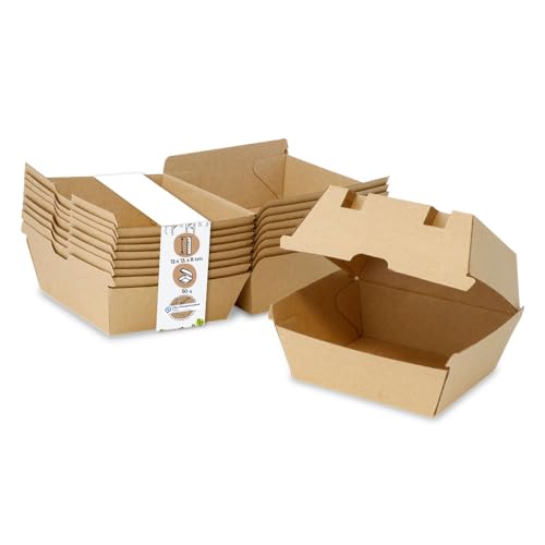 BIOZOYG Take Away Burger Box 50 Stück I robuste Burgerboxen mit hohem Klappdeckel I Hamburger Box aus Kraftkarton I stabile To Go Burger Verpackung 13 x 14 x 8 cm I biologisch abbaubar von BIOZOYG