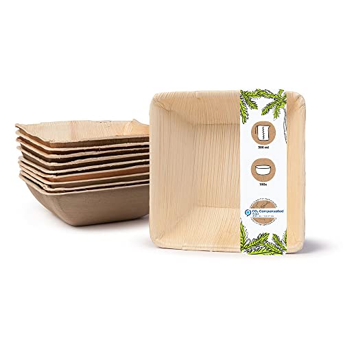 BIOZOYG Palmblatt Geschirr, Schale 100 Stück 300 ml 13 cm quadratisch - Einweg Suppenteller Salatschale kompostierbar Palmblatt Schüssel - Einweg Bowl Partygeschirr von BIOZOYG
