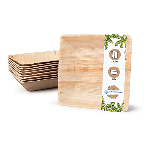BIOZOYG Palmblatt Geschirr, Schale 100 Stück 600 ml 17 cm quadratisch - Einweg Suppenteller Salatschale kompostierbar Palmblatt Schüssel - Einweg Bowl Partygeschirr von BIOZOYG