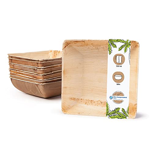 BIOZOYG Palmblatt Geschirr, Schale 100 Stück 750 ml 18 cm quadratisch - Einweg Suppenteller Salatschale kompostierbar Palmblatt Schüssel - Einweg Bowl Partygeschirr von BIOZOYG