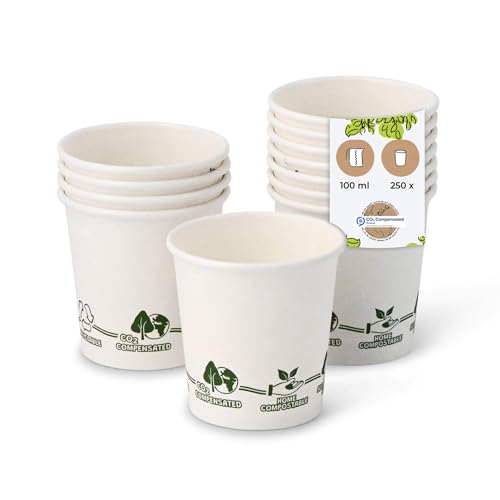 BIOZOYG 250 Stück Kaffeebecher Pappbecher 100ml / 4 oz Ø 62 mm weiß mit Umweltmotiv - Einwegbecher plastikfrei - Becher aus nachhaltiger Forstwirtschaft - Kaffeebecher Einweg von BIOZOYG